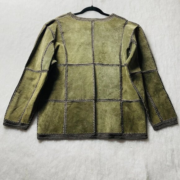 Vintage S.M.H. Womens Olive Green Leather Crochet Accents Boho Jacket Size 14 - Picture 2 of 6